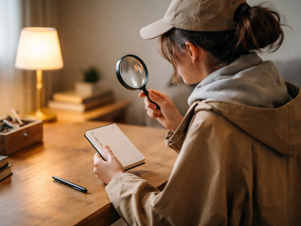 Jeune détective anonyme à la maison, avec loupe et carnet vierge, ambiance de mission ludique.