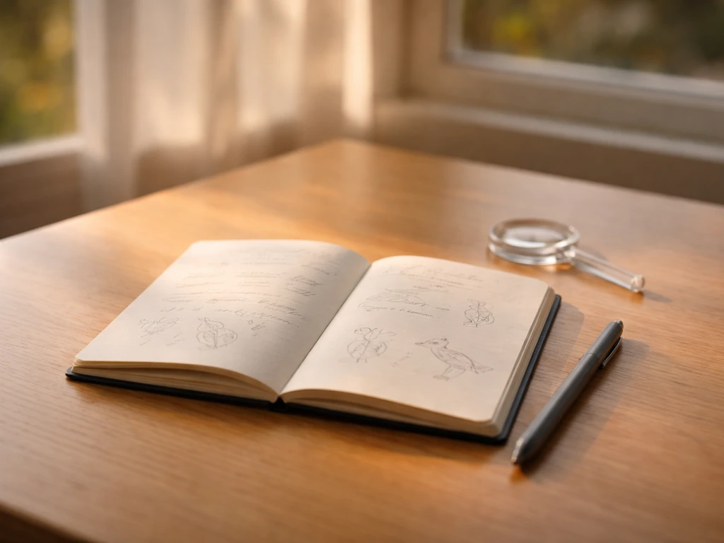 Carnet d’observation ouvert, stylo à côté, premières notes et croquis simples sur une table près d’une fenêtre.