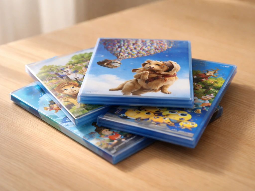Collage discret de plusieurs jaquettes de films pour enfants sur une table en bois, pour comparer les éditions.