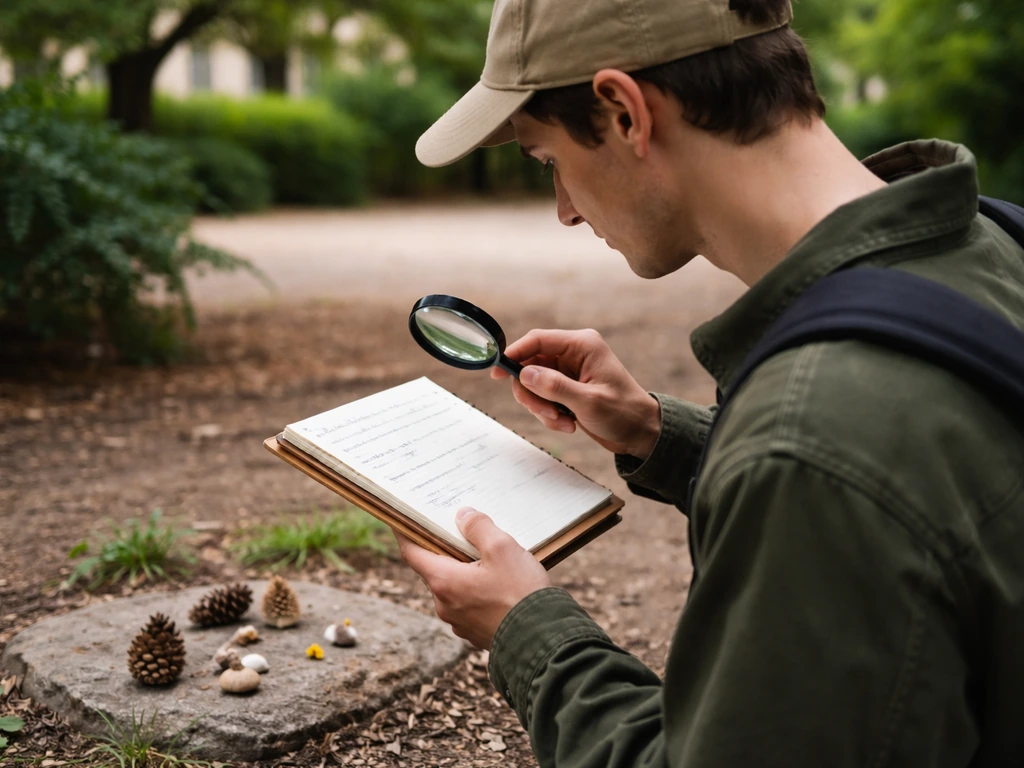 Un observateur anonyme en plein “terrain”, carnet et loupe/jumelles, dans un lieu calme et sûr.