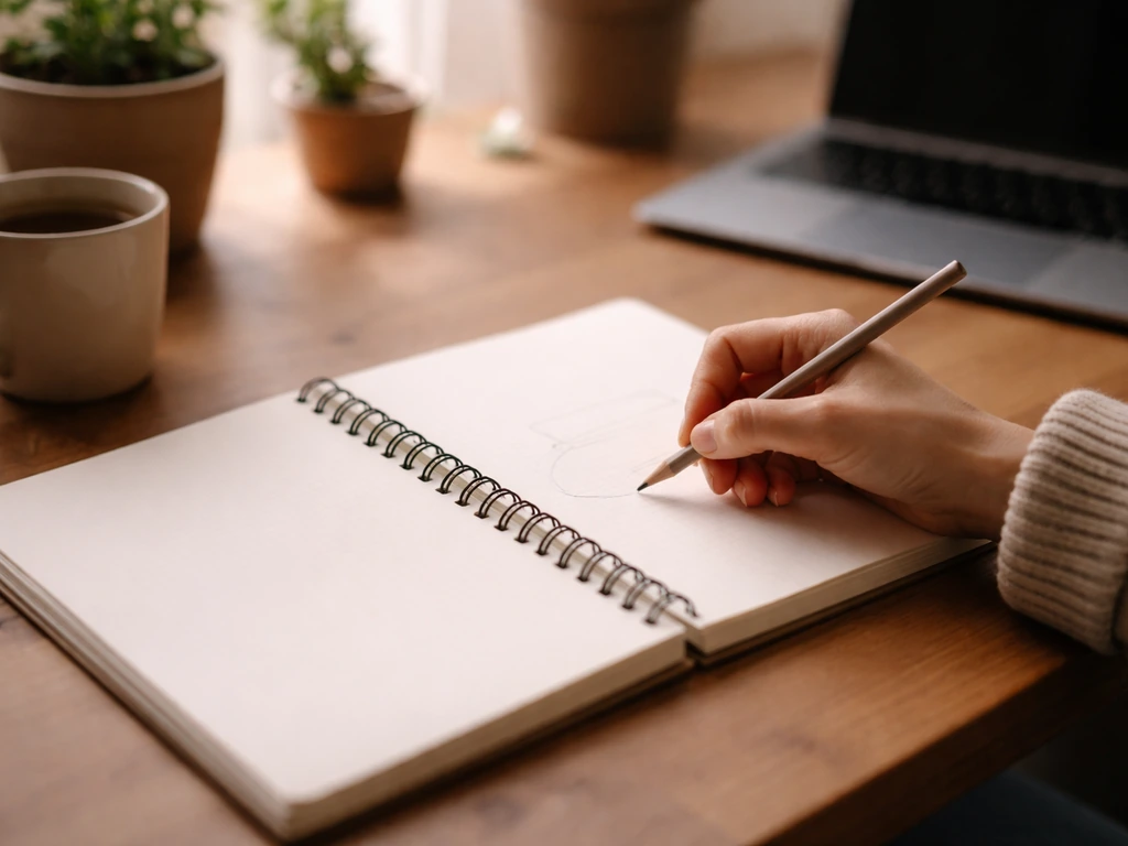 Jeune adulte commence un projet : carnet de croquis ouvert et crayon, ordinateur en arrière-plan, ambiance calme.