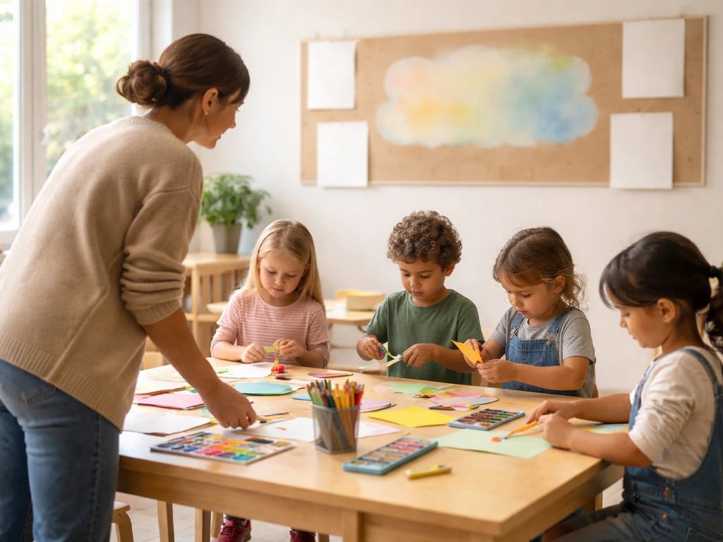 Atelier créatif scolaire en France, une personne aide des enfants autour d’une table de matériel artistique.