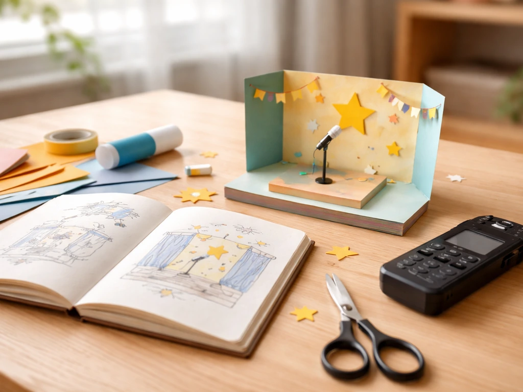 Un carnet de création et une maquette en cours, avec un petit appareil d’enregistrement sur un bureau ensoleillé.