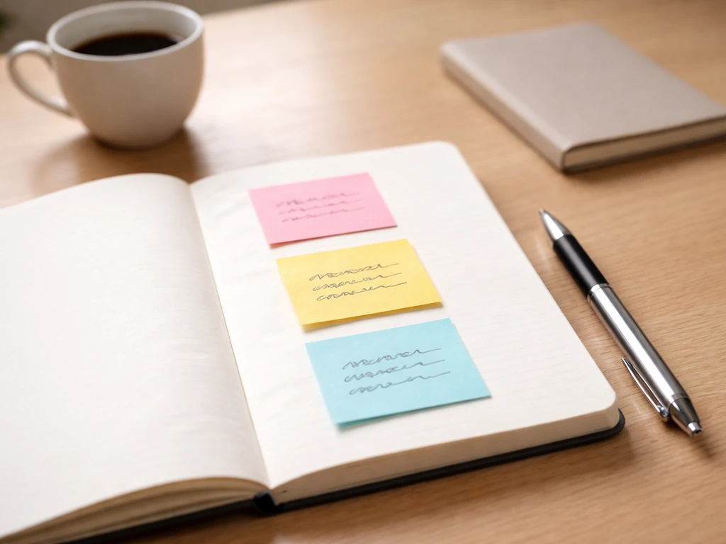 Carnet ouvert avec trois post-it et un stylo, ambiance bureau calme pour réfléchir à ses axes personnels.