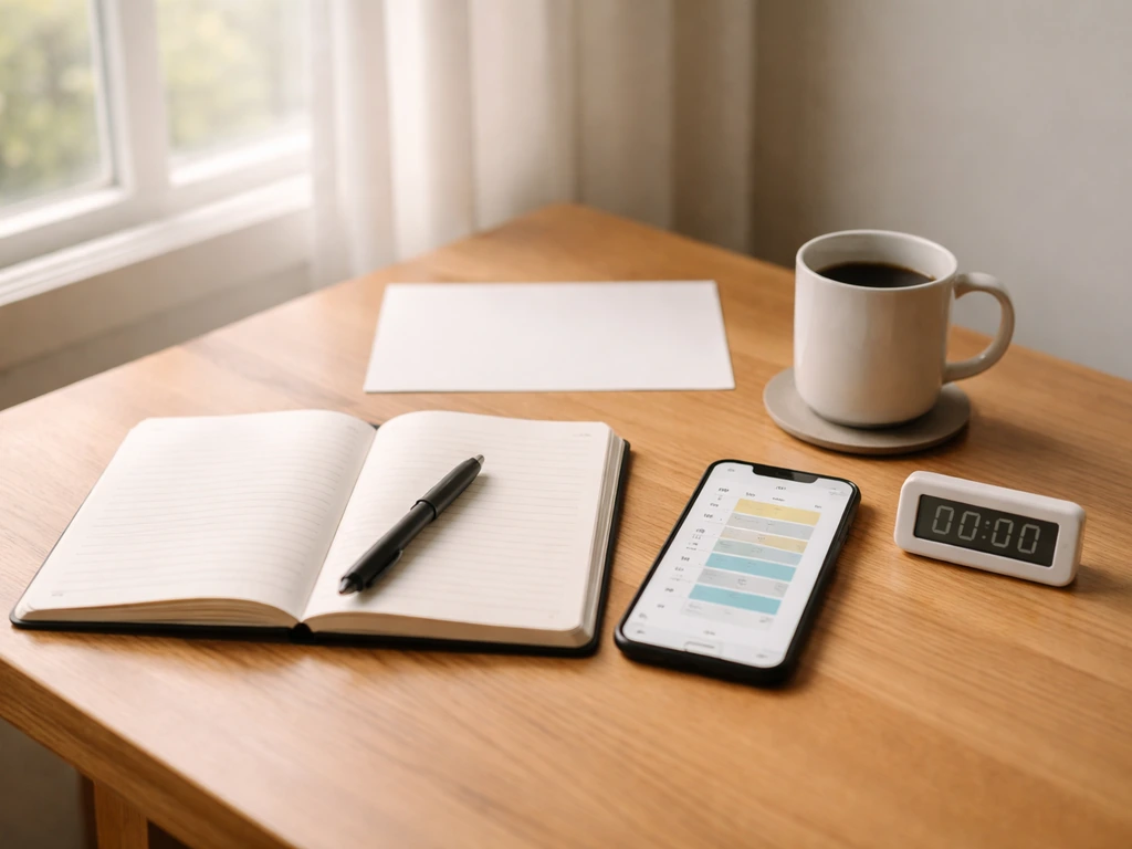 Bureau minimal : carnet, stylo et smartphone montrant un créneau quotidien, ambiance routine de fondations.