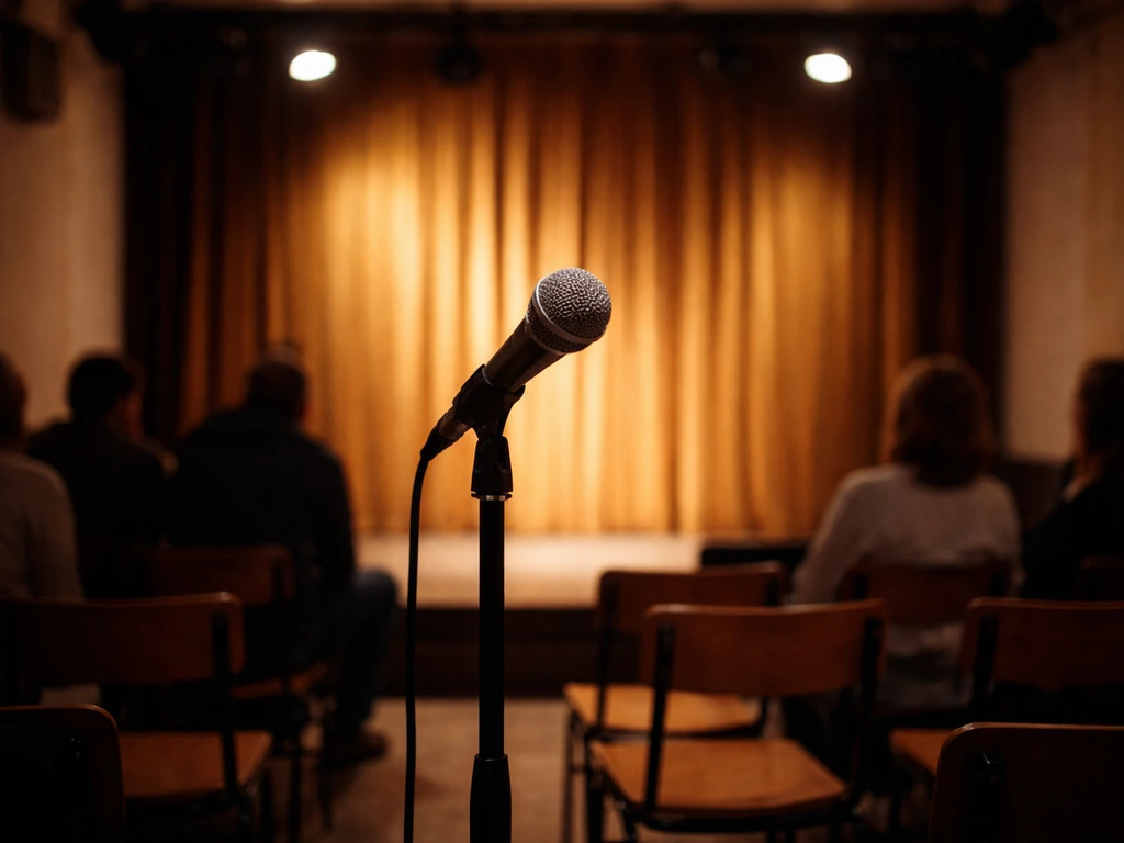 Micro sur petite scène, lumière chaude, public discret dans une salle intimiste lors d’une scène ouverte.