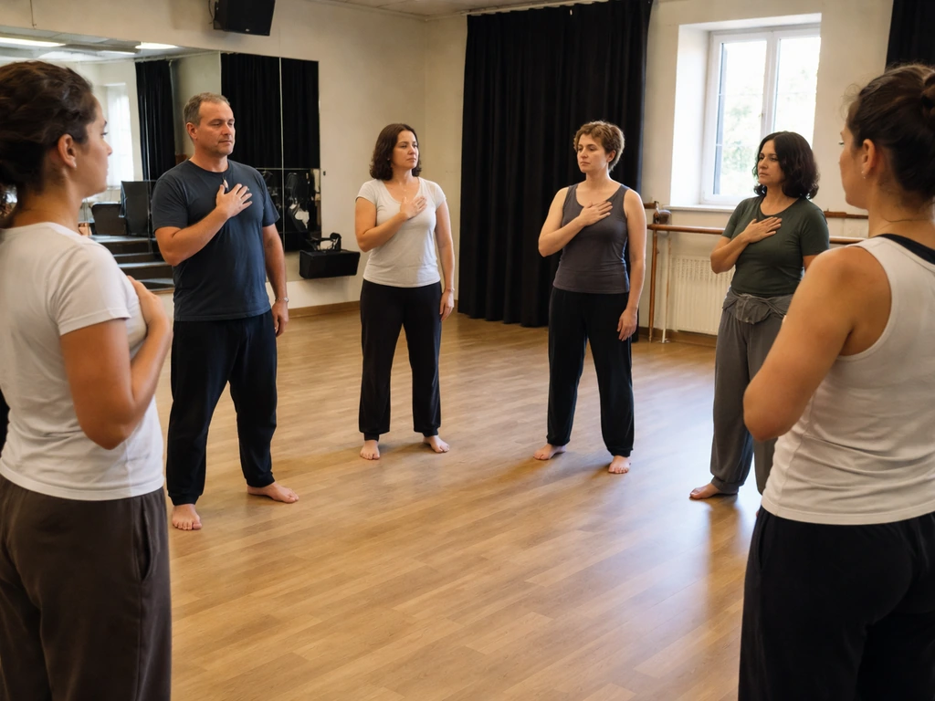 Groupe en échauffement corporel et vocal dans une salle de répétition, respirations guidées, ambiance calme