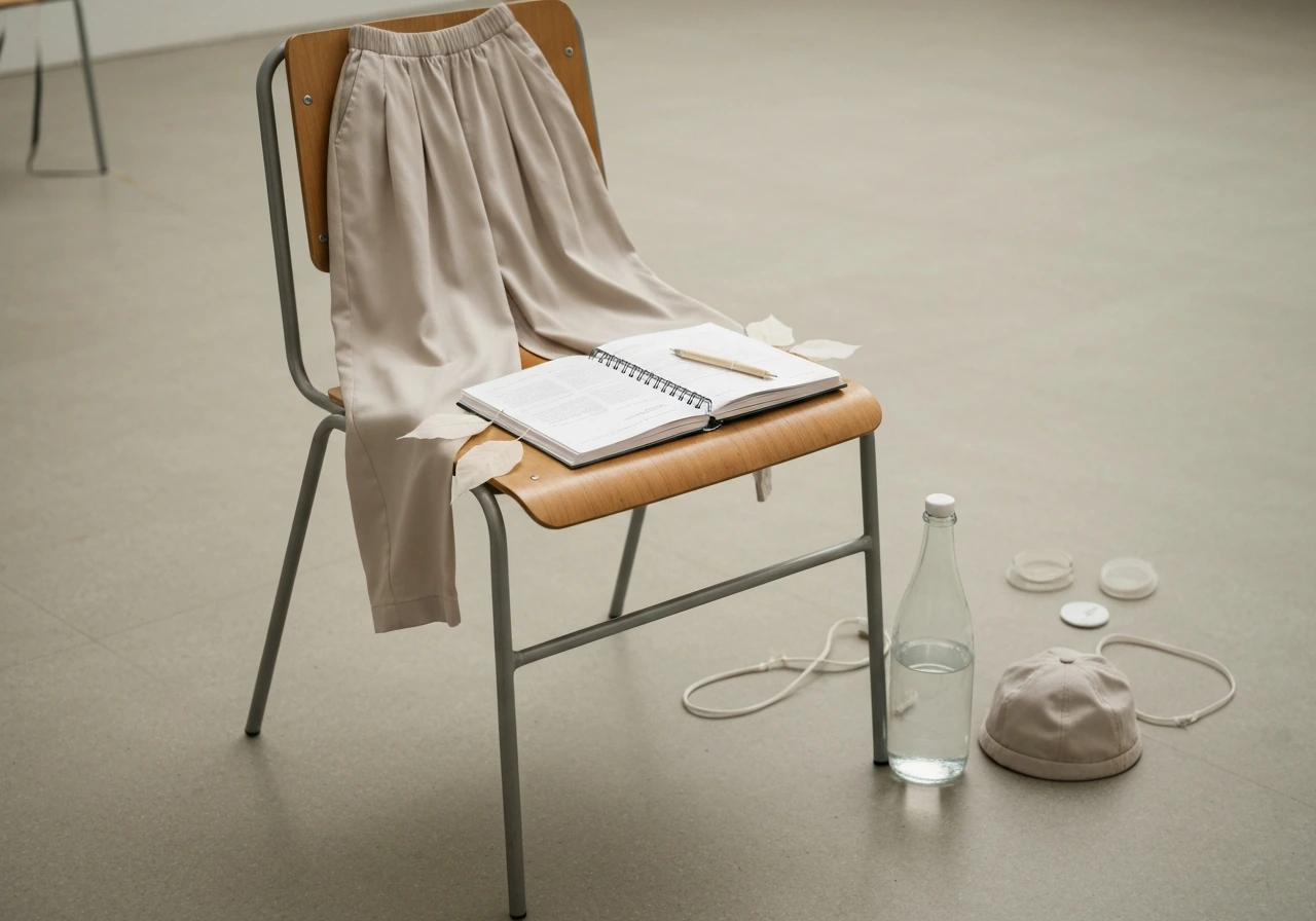 Tenue souple, carnet, bouteille d’eau et accessoires d’impro posés sur une chaise, ambiance théâtre minimaliste.