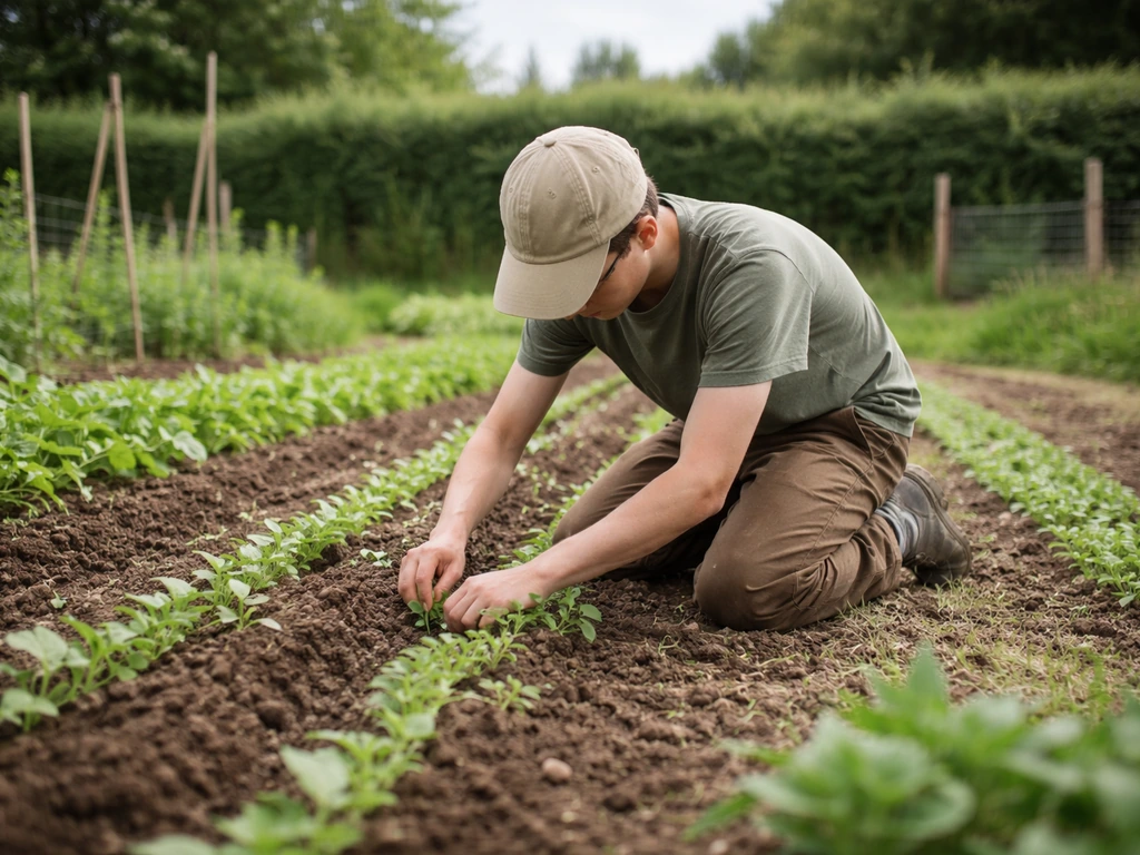 Jeune apprenti jardine dans un potager, rangs de cultures et ambiance de ferme-école en démarrage, lumière naturelle.