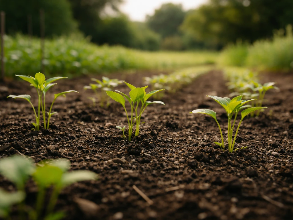 Jeunes plants verts dans une parcelle, aspect vivant et en croissance, encore pas à maturité.
