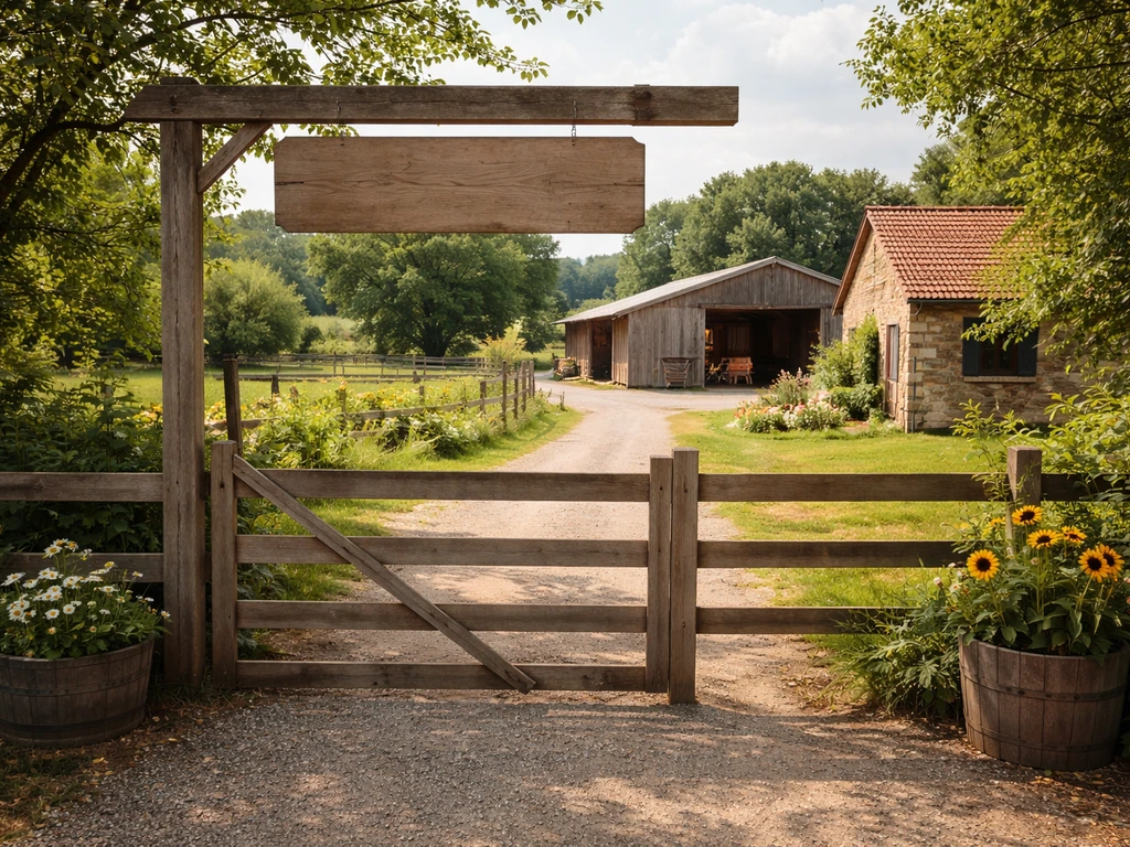Entrée d’une ferme de découverte française avec chemin vers les bâtiments et des champs en arrière-plan.