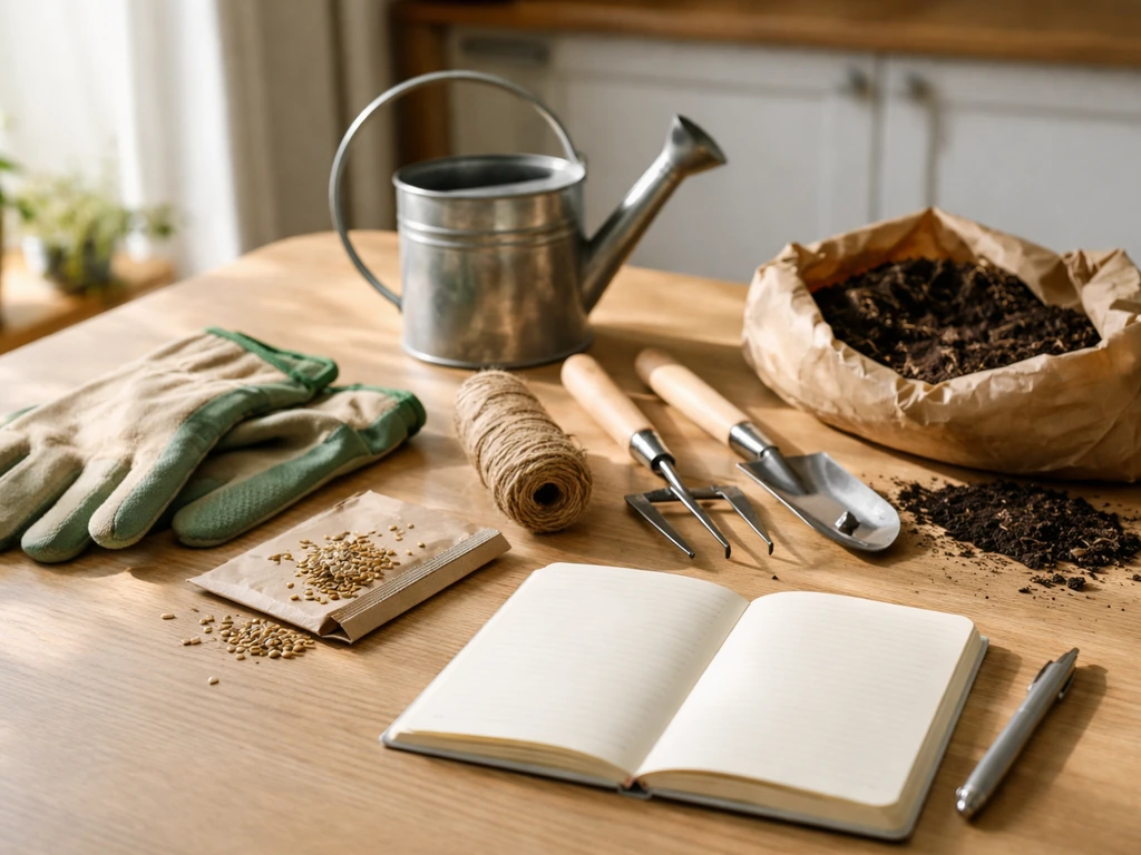 Table avec outils et semences pour démarrer petit potager, carnet et matériel essentiels, ambiance naturelle.