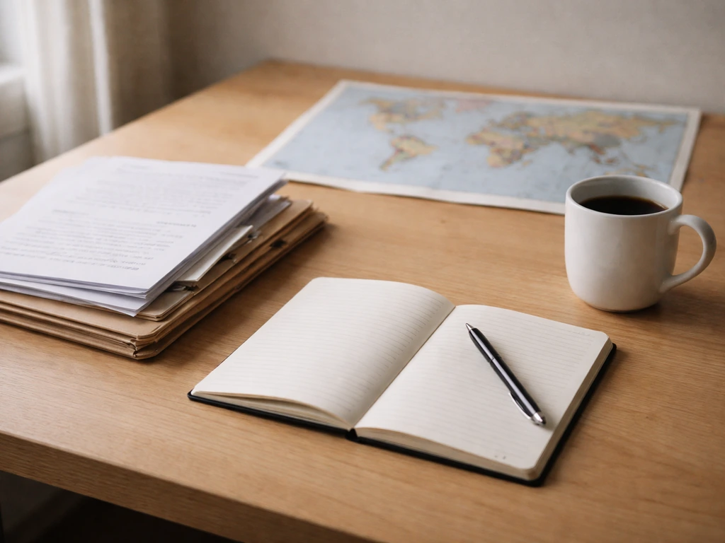 Bureau de préparation au concours de diplomatie : documents, carnet, stylo et carte du monde, sans personne.