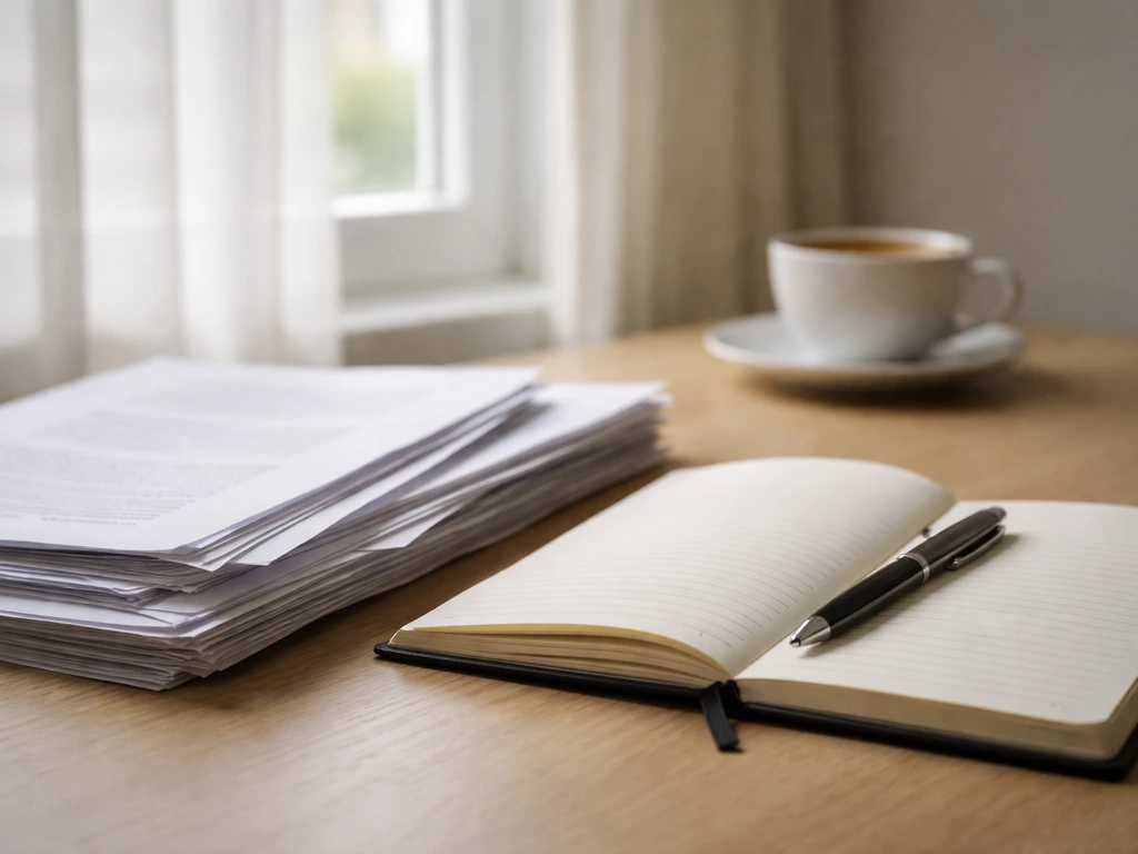 Bureau sobre avec documents et un carnet de notes, ambiance liée à une carrière diplomatique.