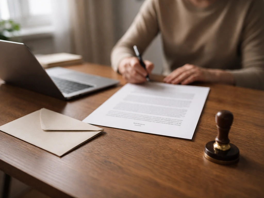 Bureau calme avec ordinateur portable et une feuille présentant une mise en forme codifiée de note diplomatique.