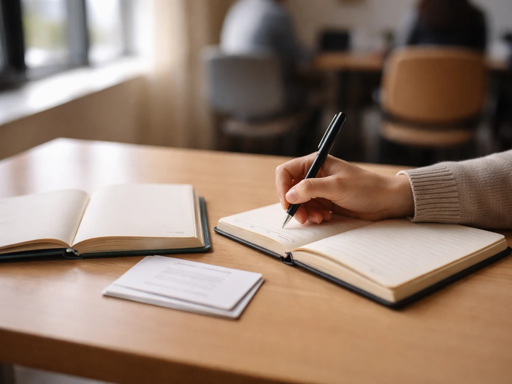 Une main prenant des notes à un atelier, à côté d’un carnet de contacts et d’une carte de rendez-vous.