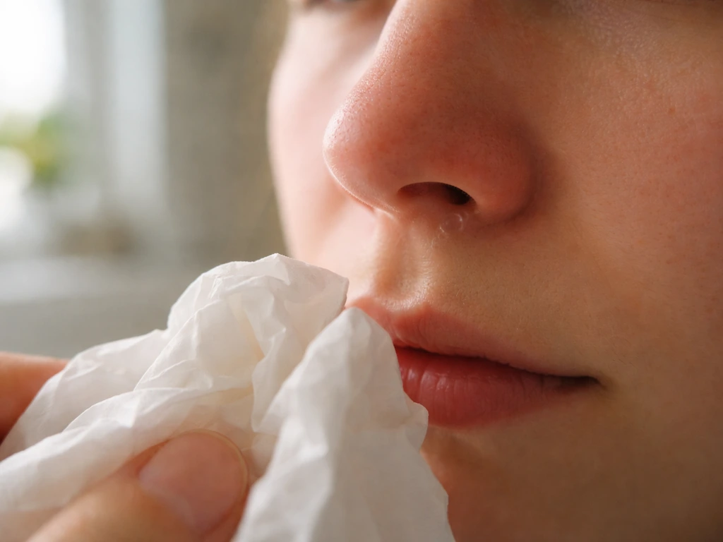 Gros plan d’un nez irrité avec mouchoirs près du visage, écoulement nasal léger et discret.