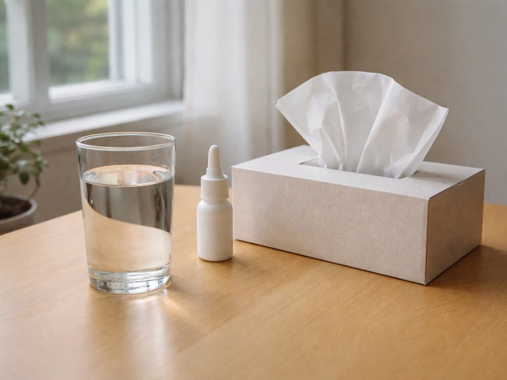 Verre d’eau près de mouchoirs et d’un spray nasal, pour illustrer l’hydratation et la muqueuse.