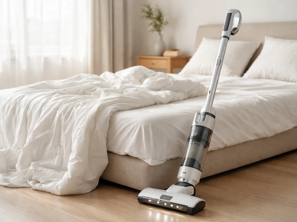 Aspirateur avec filtre HEPA près d’un lit, draps propres et rideaux, ambiance chambre propice aux allergies.