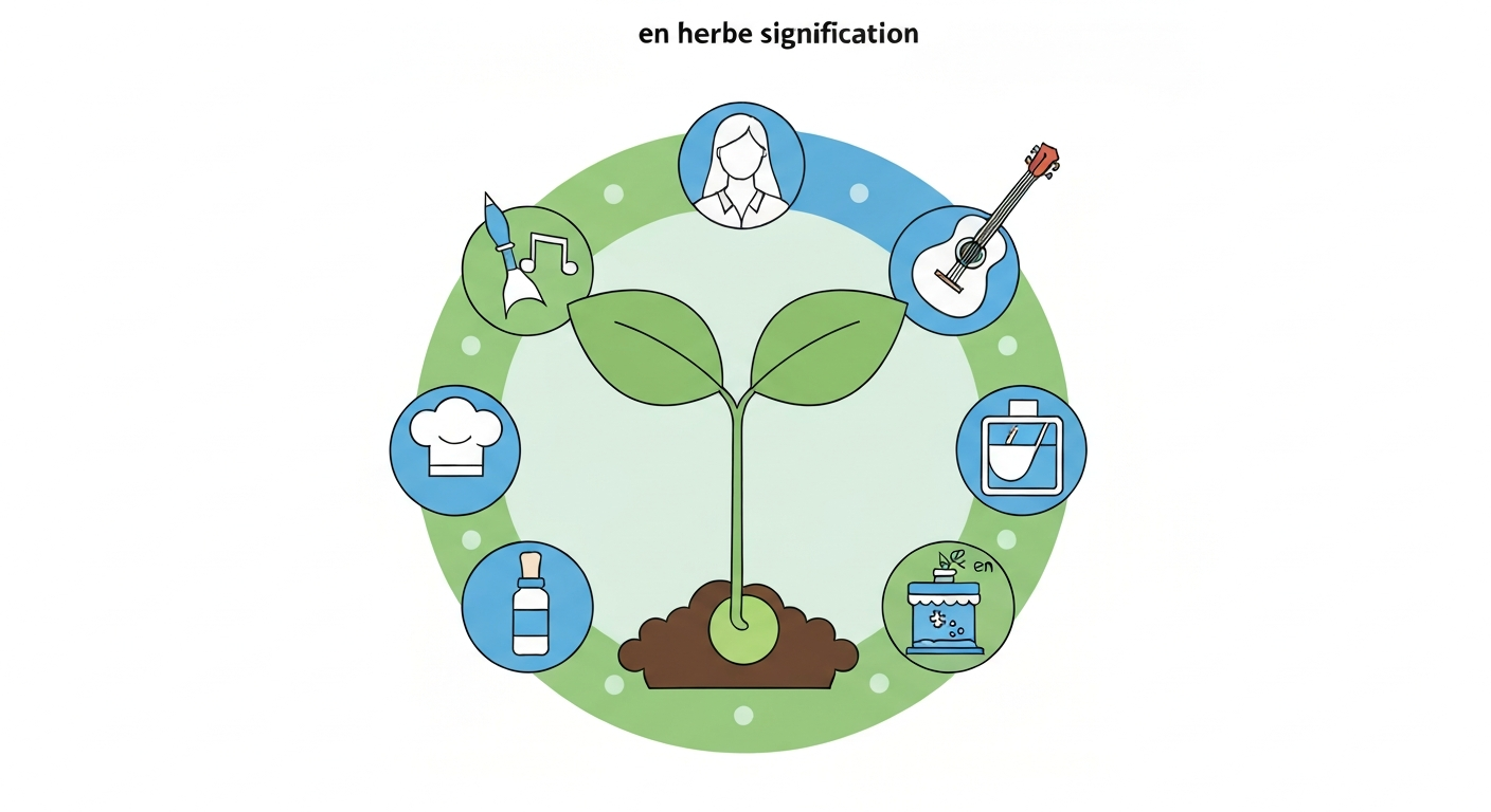 Illustration d'une pousse sortant de terre entourée d'icônes (pinceau, guitare, plume, toque) symbolisant des talents en herbe.